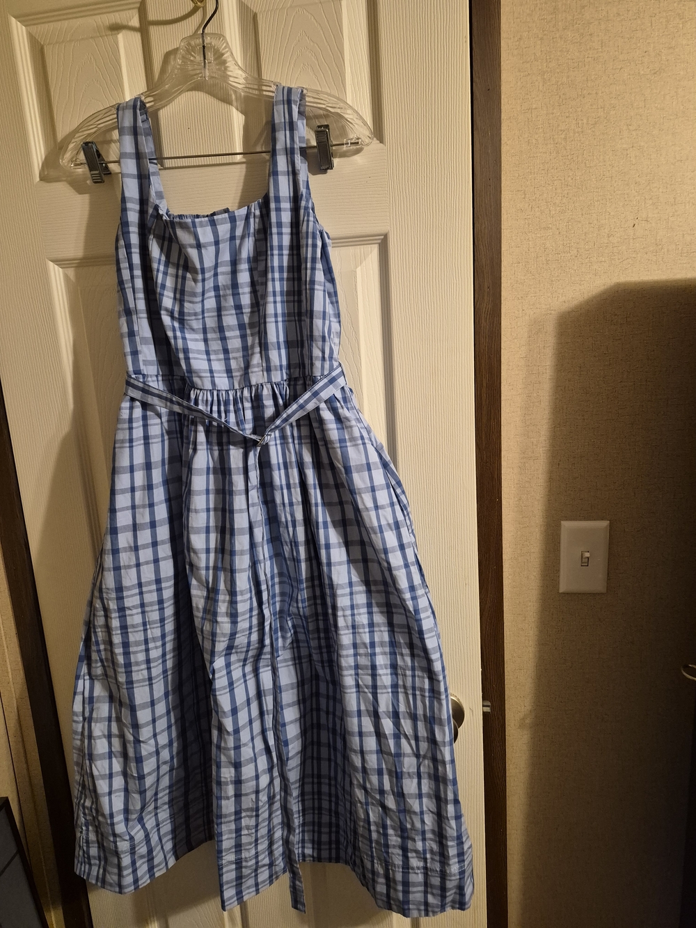 Girls Blue Plaid Sleeveless Dress with Waist Tie